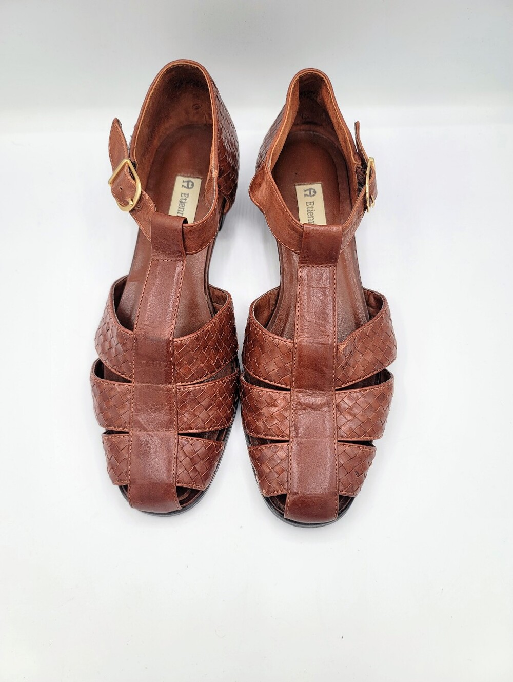 Etienne Aigner Toba Woven Leather T Strap Peep Toe Shoes Womens 9.5 M Brazil 80s - Picture 2 of 16